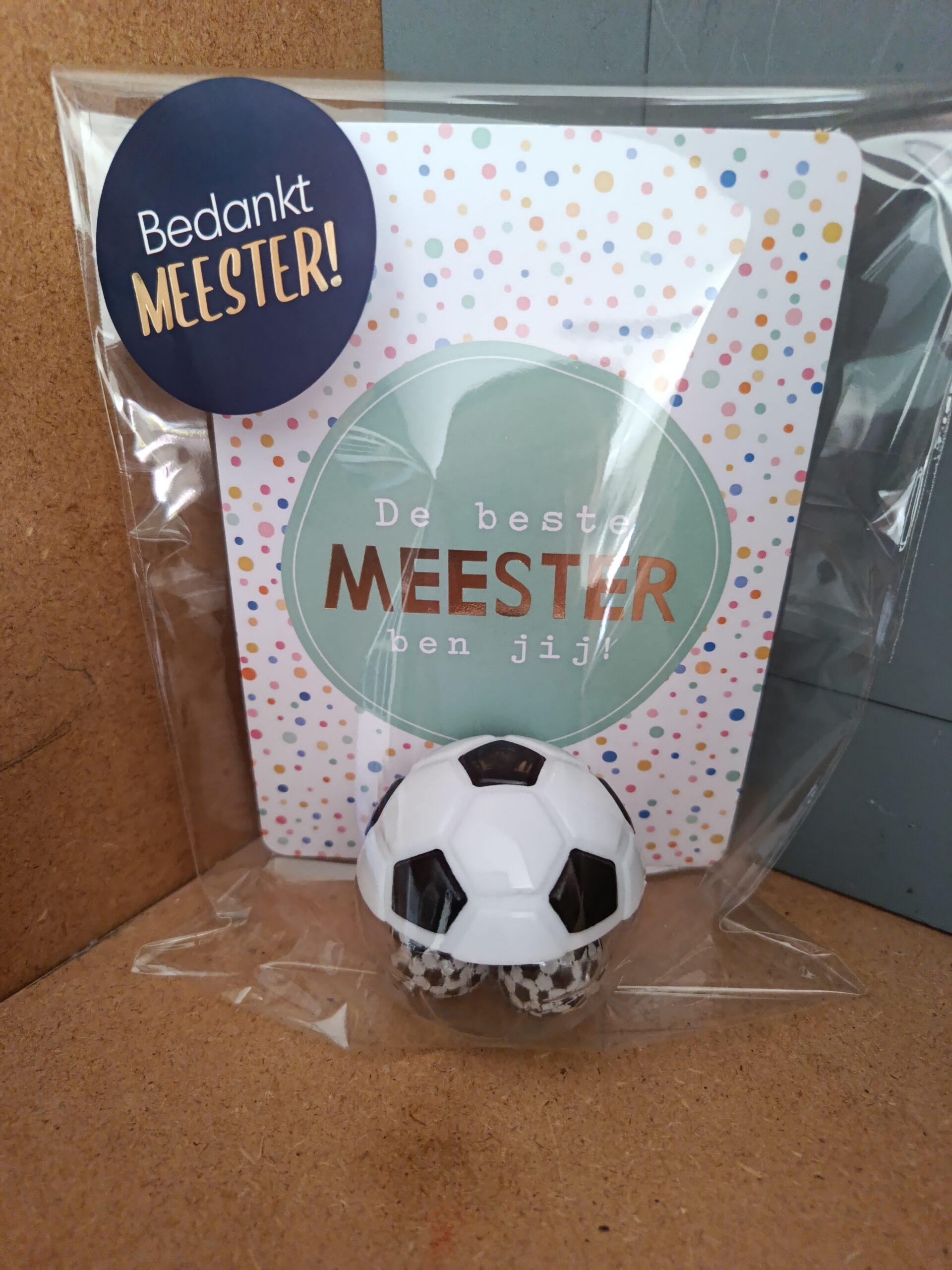 Meester bedankje kaart/plexi voetbal